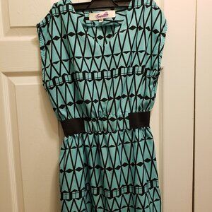 Emmelee Geometric Print Dress – Size M | Teal & Black | Elastic Waist